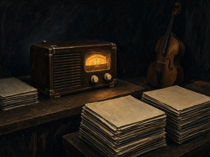 Illustration: a 1940s tube radio glowing on a record-shop counter beside stacks of 78s and an upright bass.