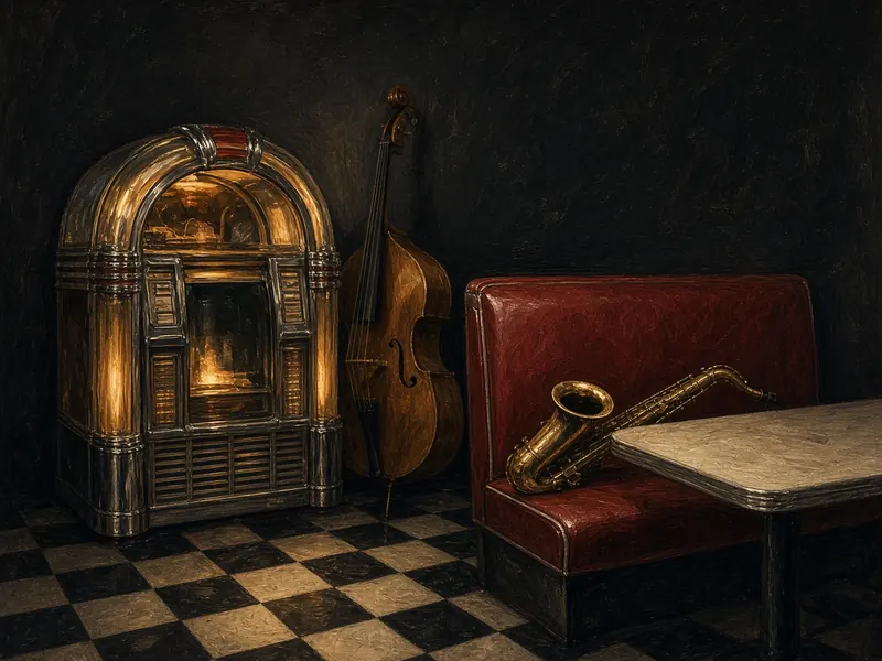 Illustration: a glowing 1950s jukebox in an empty diner, with an upright bass and a saxophone on a booth seat.