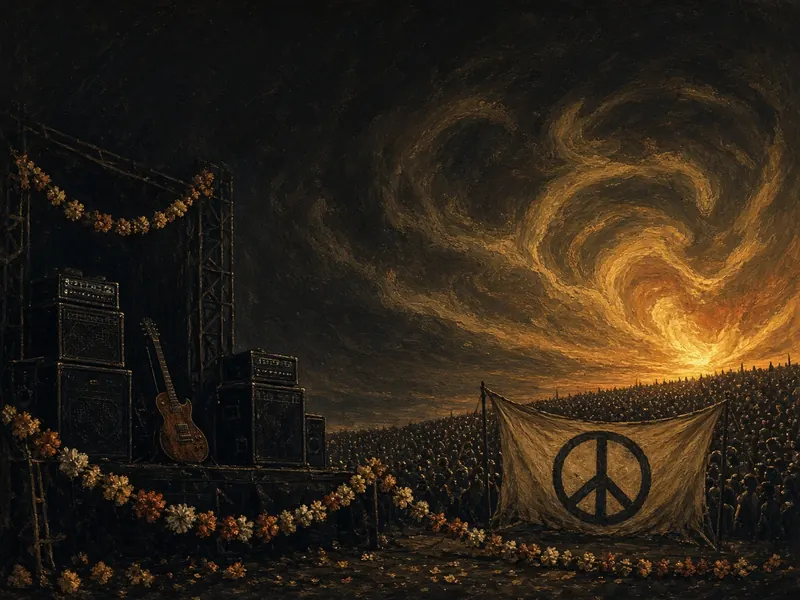 Illustration: a late-1960s outdoor festival stage at sunset with flower garlands, a peace-sign banner and a hillside crowd.
