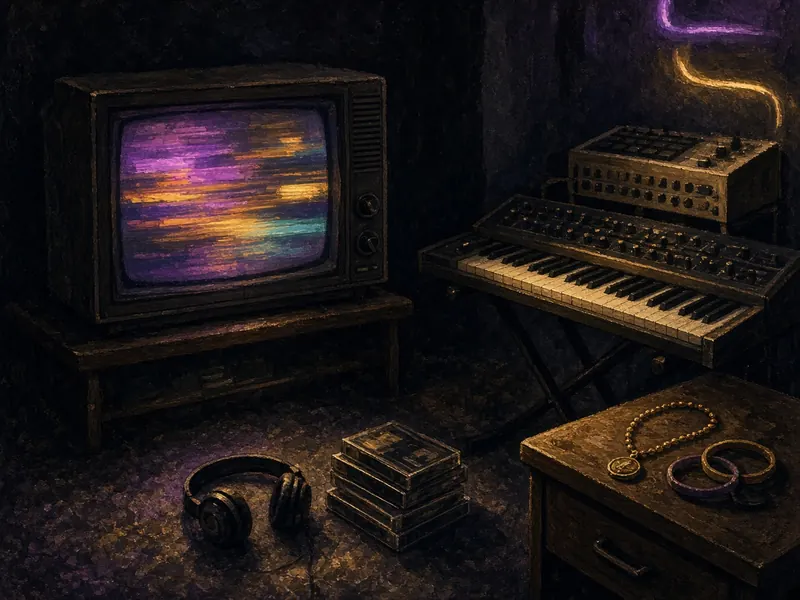 Illustration: a 1980s bedroom with a glowing TV, a synthesizer, a drum machine, cassettes and headphones.