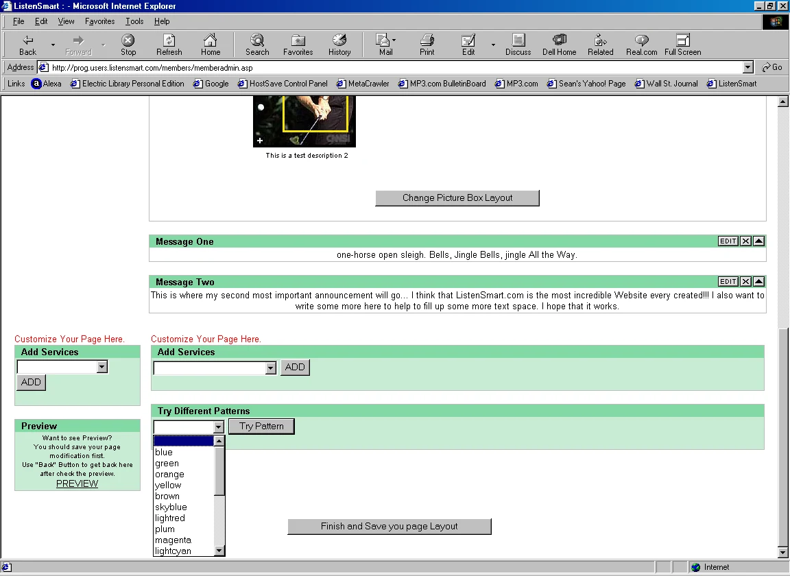 Screenshot from the 2000 business plan: Figure 8: Example of User Page Customization Functions